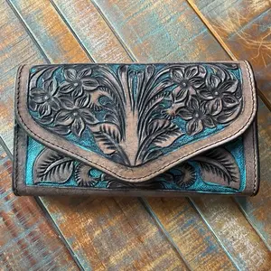 Handcrafted Floral Tooled Leather Wallet with Turquoise Accents and Detailed Embroidery