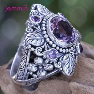 RING4U - Punk Style Vintage 100% Flower 925 Sterling Silver Round Natural Amethyst Wedding Engagement Rings For Women Fine Jewelry
