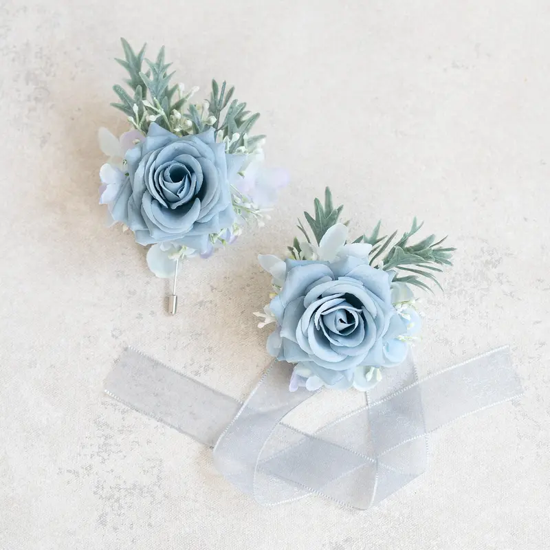 Dusty Blue Rose Wrist Corsage & Boutonniere Set - Soft Gray Blue Prom Corsage, Boho Wedding Flower Girl Wristlet, Homecoming Corsage, Groom Boutonniere, Bridesmaid Corsage Gift with Customizable Ribbon Colors and Silk Flowers