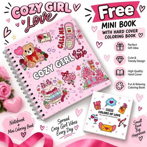 Halloween Fall Gift LOVE Cozy Girl Love Coloring Book Hard Cover Spiral Bound with Mini Book Simple Valentine's Day Designs for Adults Teens Cute Romance Illustrations Thick Lines Boost Confidence