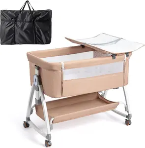JOYMOR Baby Bassinet with Changing Table, Bedside Bassinet for Baby with Comfy Mattress and Wheels, 6 Height Adjustable Easy Folding Portable Bedside Crib for Newborn (Beige)