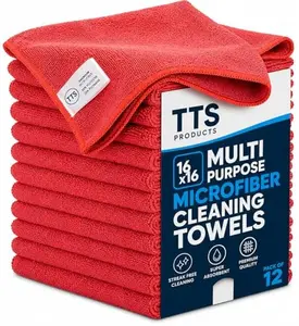 TTS Products Premium Microfiber Cleaning Towels, 16" x 16", Pack of 12, Multi-Purpose Lint-Free Towels for Auto Detailing, Kitchen, Glass & Household Cleaning
