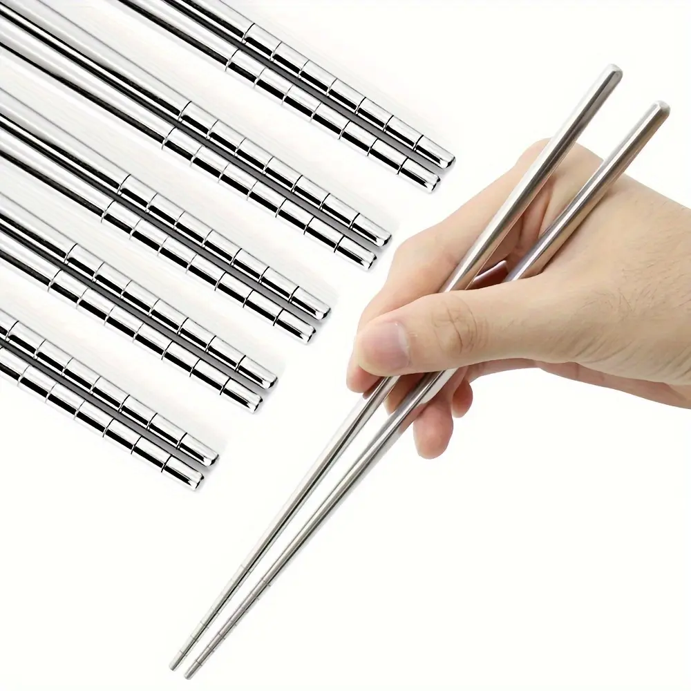Stainless Steel Chopsticks, 10 Pairs Reusable Multi-Color 304 Metal Chopsticks, Square Lightweight Non-Slip Chopsticks, Dishwasher Safe Gift Set (Silver)