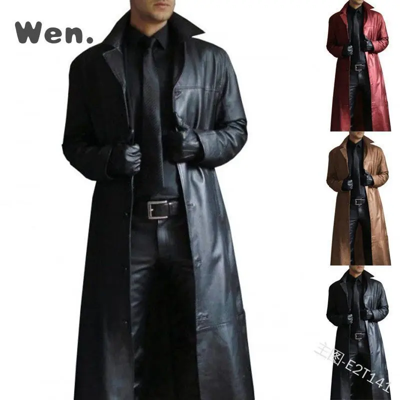 Men's Fashion Dominant Temperament Solid Color Trench Coat Slim Fit Genuine Leather Long Jacket Men's Outerwear Sweater
