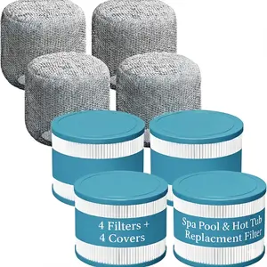Inflatable Hot Tub Filters, Compatible with RELXTIME Hot Tub Pools & Spas, Includes 4 Cartridges & 4 Covers, Extra-Durable Plastic Trilobal Filtration Fabric for Enhanced Water Clarity