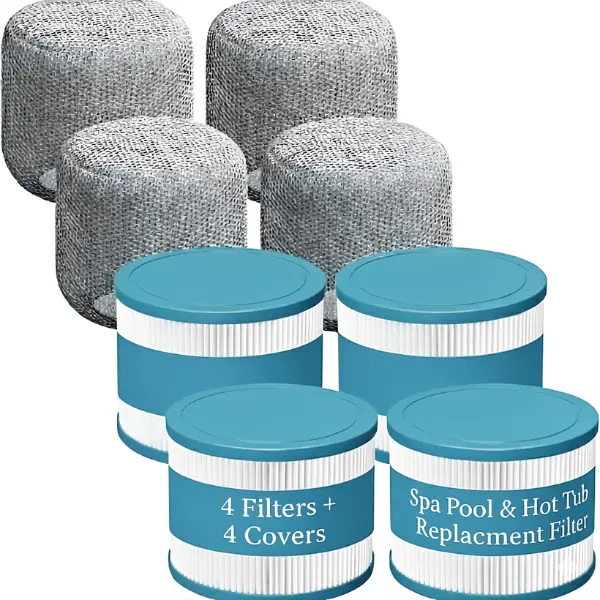 Inflatable Hot Tub Blow-Up Filter Cartridges, Compatible with RELXTIME Hot Tub Pools & Spas, 4 Cartridges with 4 Covers, Extra-Durable Plastic Trilobal Fabric for Enhanced Water Clarity, 4 Filter Covers
