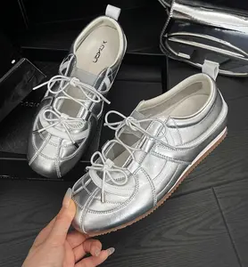 Viral double bow Tabii sneakers, retro silver and white ballet flats for women, comfortable lace-up casual walking shoes