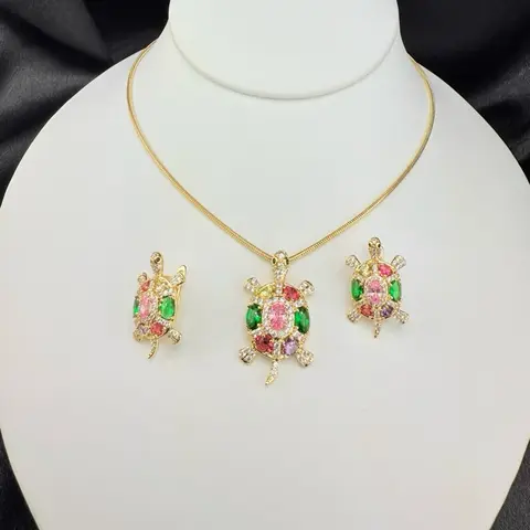 COD#67. Colorful Turtle Set Pendant and Earrings with a Round Necklace 18 Inches Long Jewelry Set
