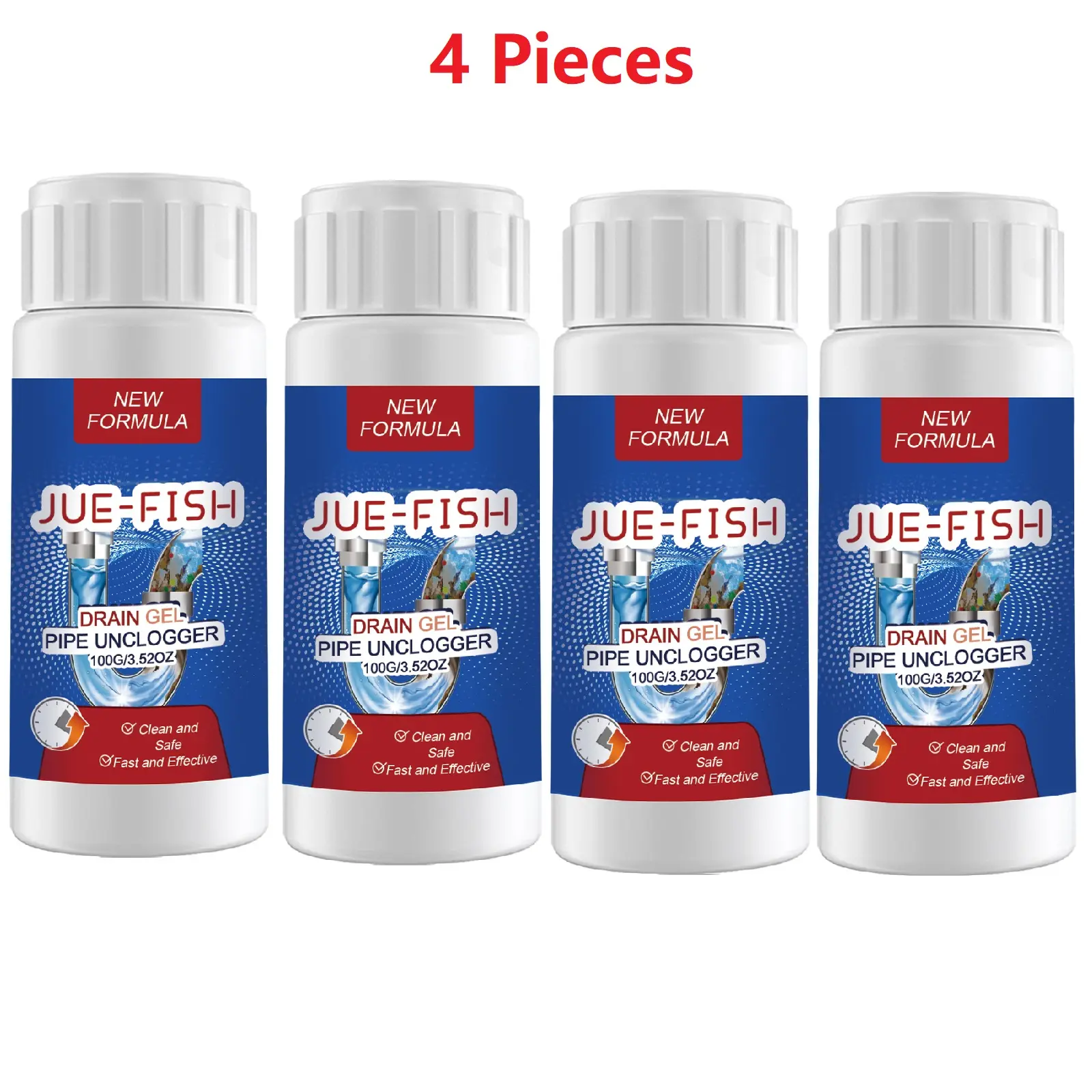 (4 Pieces)JUE-FISH Drain Gel Pipe Unclogger 4 Pieces with Lemon Extract Baking Soda for Kitchen Bathroom Sewer Odor Cleaning Dissolves Dredging Prevents Clogging