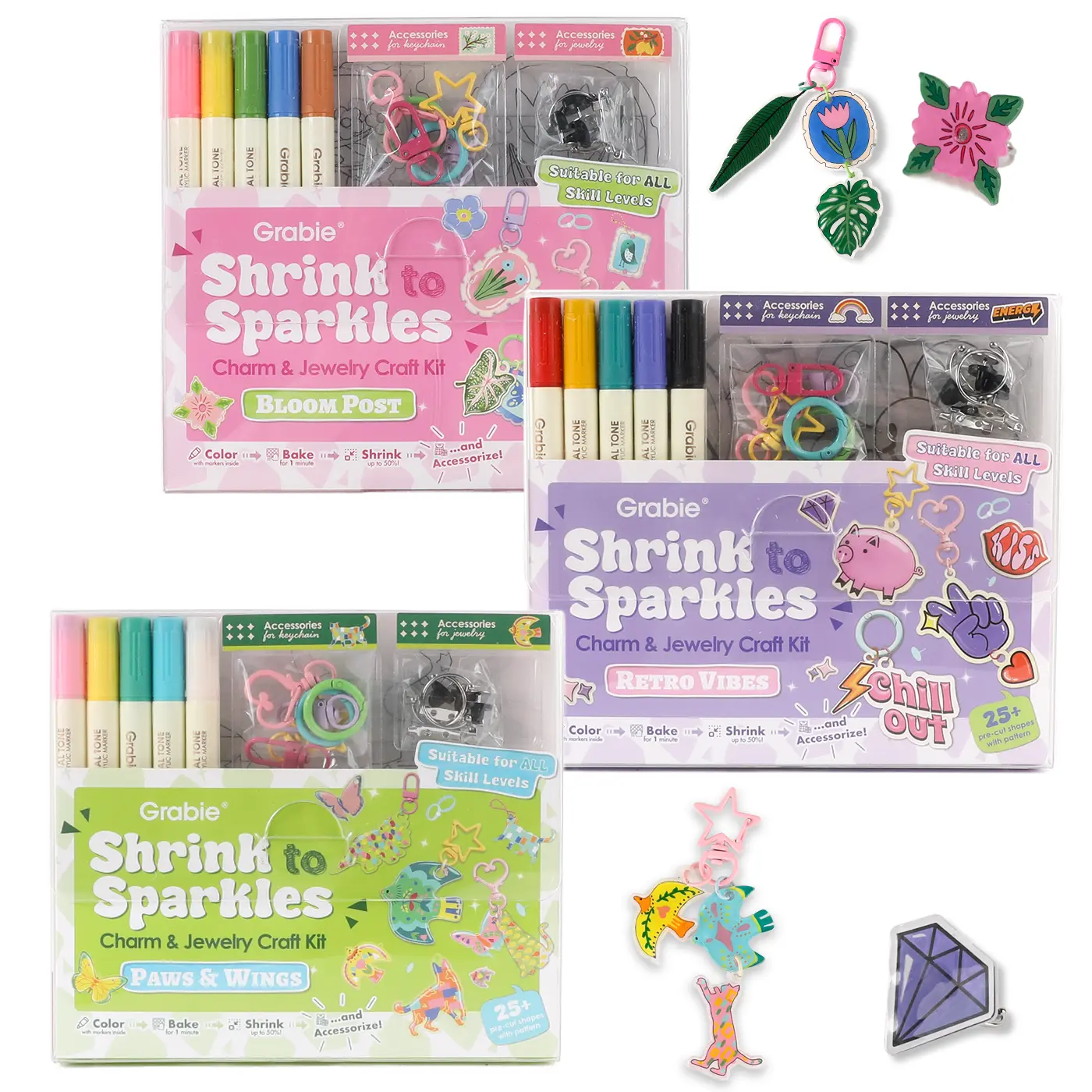 Grabie Whimsical Shrink-to-Sparkles DIY Craft Set - Retro Office Art & Craft Supplies with DIY Beads, Beading Kits, Bracelet Beads & Charms, Earring Making Accessories for Adults, Back to School Haul, Class Rewards, Beading Supplies
