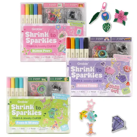 Grabie Whimsical Shrink-to-Sparkles DIY Craft Set - Retro Office Art & Craft Supplies with DIY Beads, Beading Kits, Bracelet Beads & Charms, Earring Making Accessories for Adults, Back to School Haul, Class Rewards, Beading Supplies