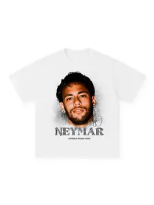 Neymar Signature Print Short Sleeve T-Shirt, Vintage American Style, Loose Fit Unisex, Casual Long Top, All Seasons