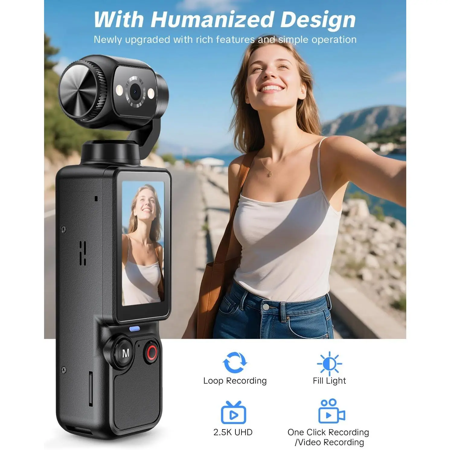 180 Degree Rotatable Lens Pocket Vlogging Camera Handheld POV Video Audio Recorder Long Lasting 7 Hours Battery Portable Mini Action Camera with 32GB Memory Card One Button Recording for Travel Daily Outdoor Life Shooting