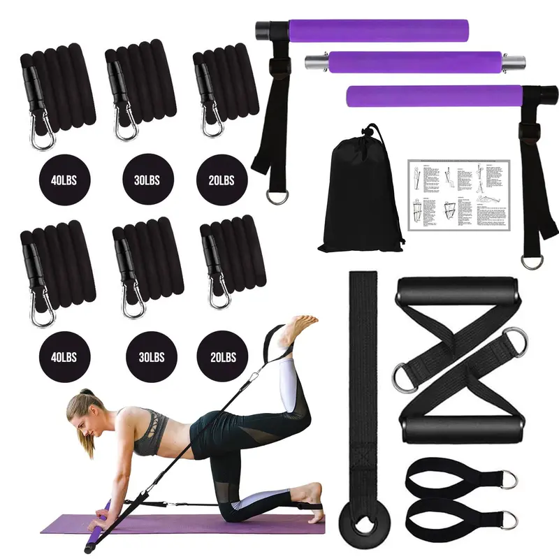 Pilates Bar Kit with Resistance Bands, 180lbs Adjustable 3-section Pilates Bar with Adjustable Metal Buckle, Durable Carabiner, for Women Full-body Workout, Yoga Equipment, Pilates Equipment For Home Workouts
