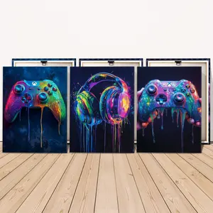 3 Counts Wooden Framed Canvas, Neon Dripping Game Controller And Headphone Images, Exquisite Poster, Perfect Living Room Decoration, Modern Art Design, Fashion Family Poster, Vintage Wall Art, Wall Art Decoration, Waterproof Art