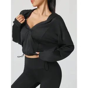 Women's Hooded Zipper Loose Fit Jacket, Drawstring Hem Sporty Long Sleeve Top, Casual Short Fitness Yoga Coat, Fall & Winter Fashion