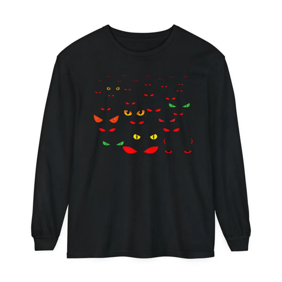 Printify Unisex Evil Eyes Graphic Longsleeve T-Shirt, Casual Classic Fit Top in Soft Garment-Dyed 100% Cotton, Tshirt, Relaxed Fit, Longsleeves