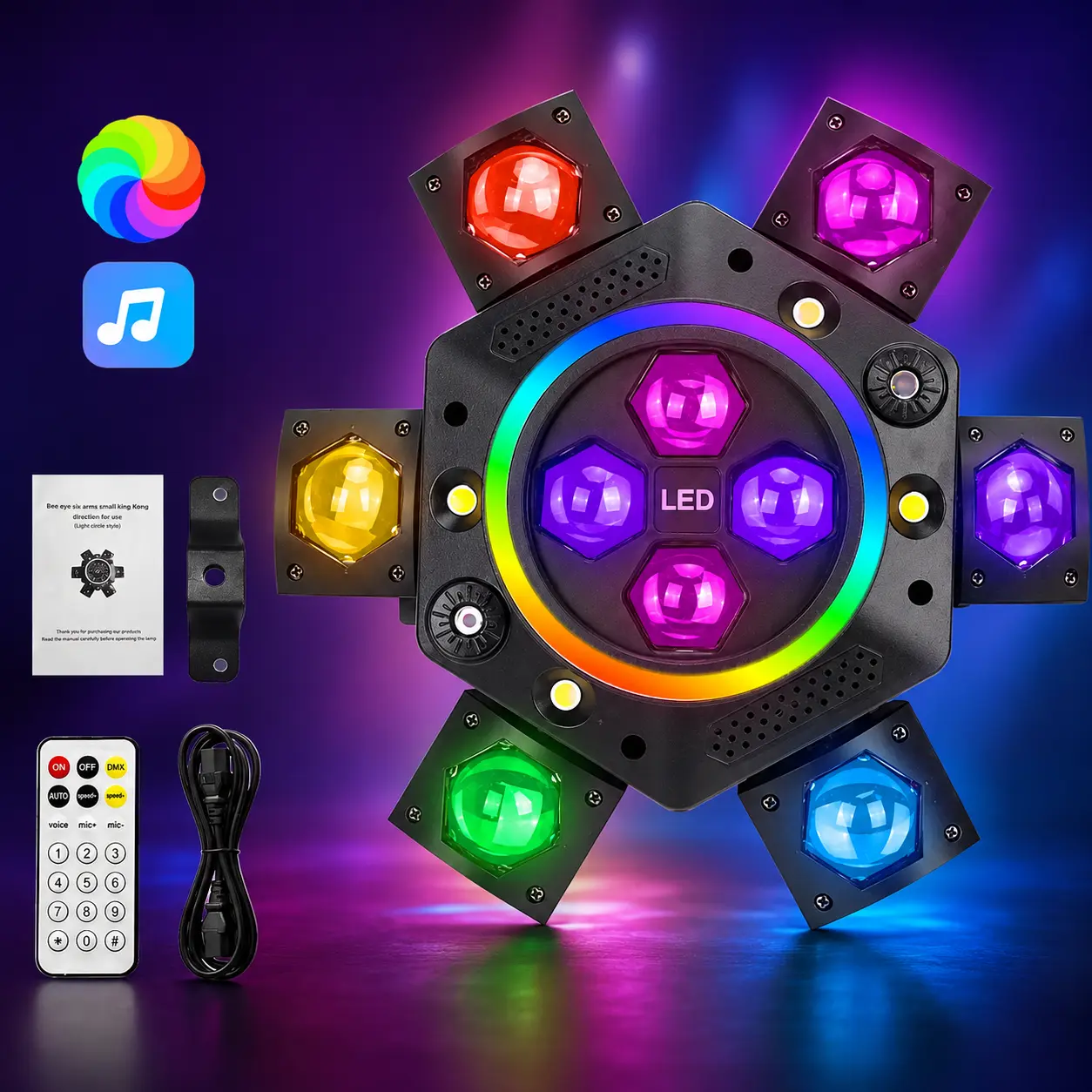 XDV 150W 6-Arm RGBW Bee Eye DJ Stage Light, Professional Party Lighting with Laser Effects, Strobe, Music Sync, Remote Control and DMX512 for KTV, Bars, Family Gatherings, Holiday Events &Halloween Party Gifts