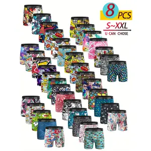 Set Of 8 Random Boyfriend Valentine'S Day Gift Set Men'S Long Boxer Briefs - Breathable, Lightweight, Colorful Graffiti-style Print, Polyester And Spandex Blend, Opaque Geometric PatternFor Both Male & Female