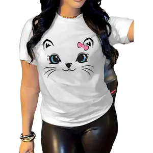 Women's Cat Graphic Short Sleeve Round Neck T-Shirt, Casual Alphabet Print Streetwear Top, Comfortable Lady's Women's Clothes for Summer