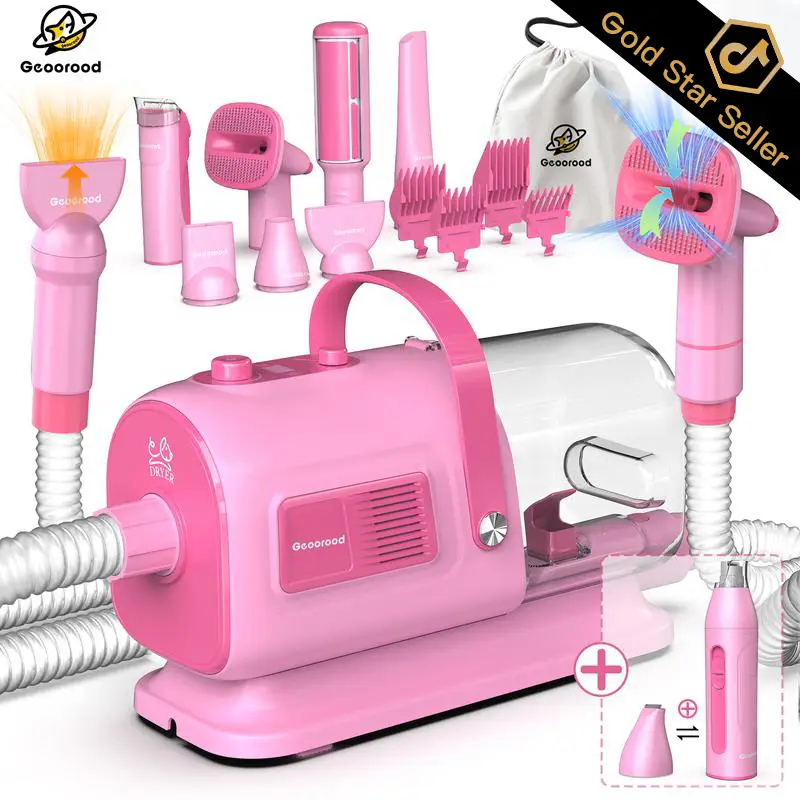 【Geoorood】Geoorood Dog Vacuum & Dryer for Shedding Grooming, 9 in 1 Dog Grooming Kit with Metal Blades Pet Clippers, Adjustable Speed and Temperature