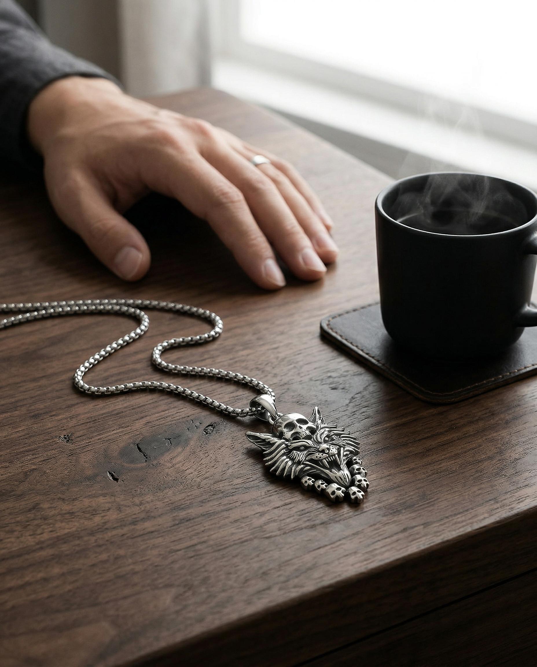 MEIDERBO Dream Chaser Wolf Skull Necklace for Men 925 Sterling Silver Oxidized Finish Wild Animal Pendant Captain Steel Style Stainless Steel Bead Chain 22+2 Inch