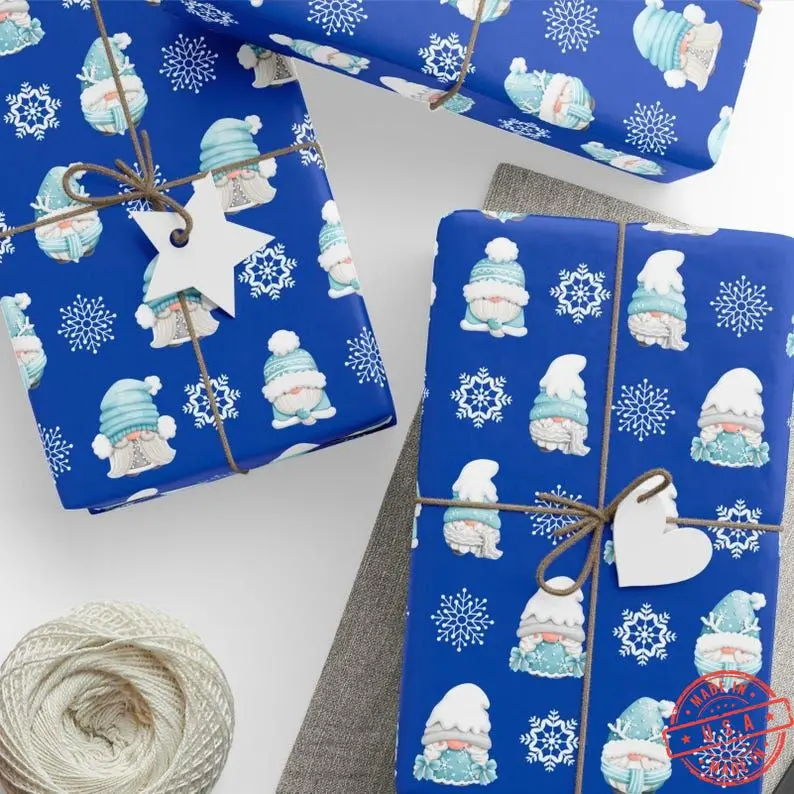 Blue Christmas Wrapping Paper with Cute Winter Gnomes Snowflake Pattern on Royal Blue Holiday Gift Wrap Background