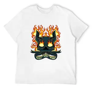 Old School "Skull and Fire" Heavyweight T-Shirt, 180gsm Premium Cotton Short Sleeve, Flaming Devil Skull Graphic Tee, Streetwear for Men/Women, Casual White Crewneck Top,flamingo merch,big deborah,elwood clothing,silverfish clothes,funny shirts,deo merch
