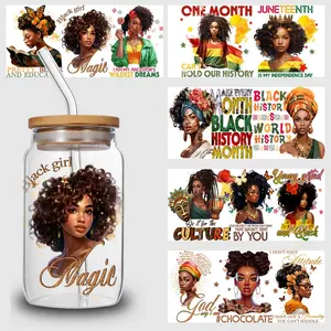 5 sheets black woman UV DTF cup stickers, glass sports DTF transfer stickers, waterproof wipe transfer paper for 16 oz glass, mugs, crafts, furniture