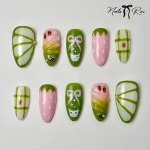 Strawberry Matcha Nailset | Pink | Green | Cat | Handmade | Press On Nails | Reusable Gel Nails