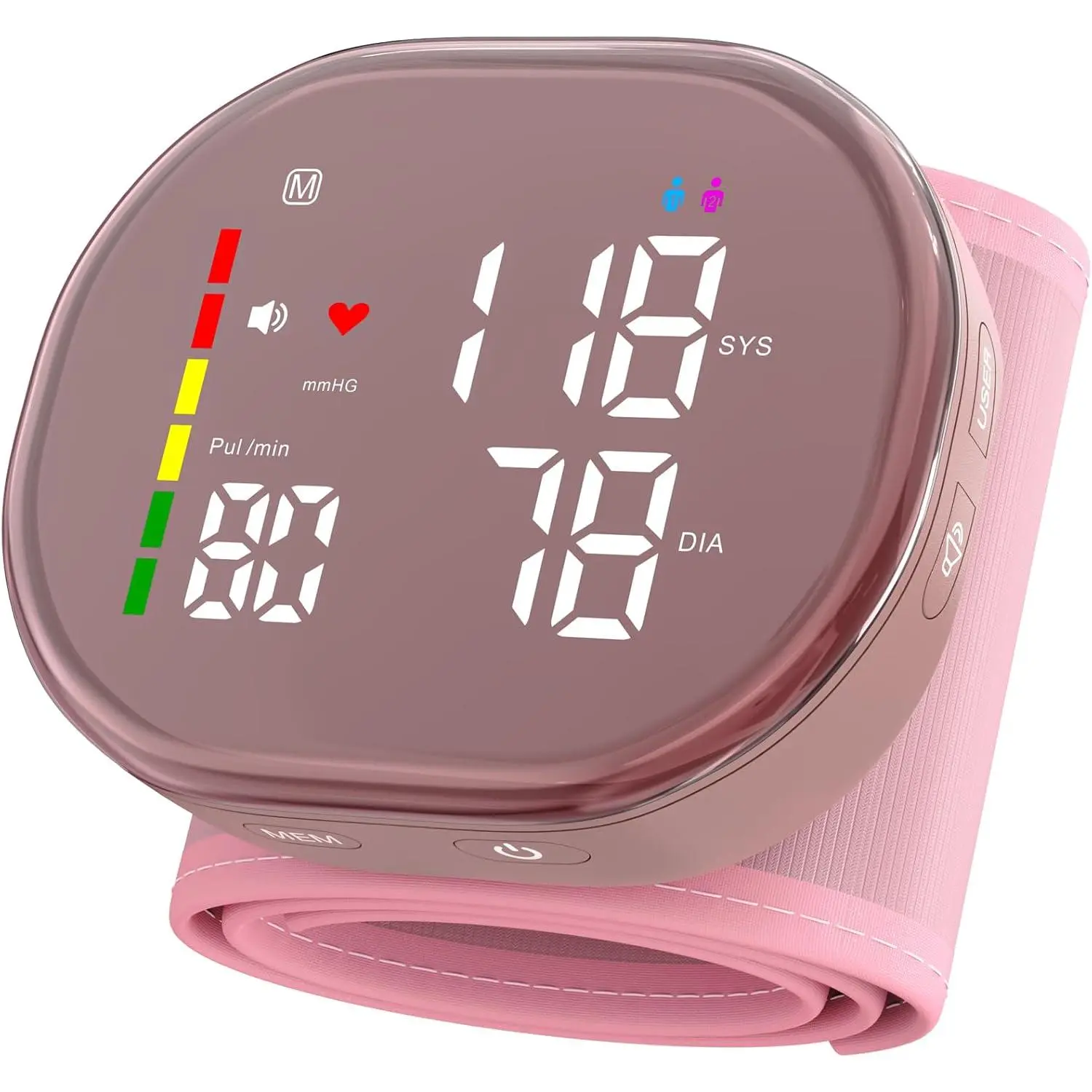 Wrist Blood Pressure Monitor Rechargeable BP Machine with 5.3"~7.7" Cuff, 2*120 Memory, One-Button Switch Memory and User, Professional Automatic Wrist BP Cuff BP Monitor for Family (Pink),home essentials, Cuff Size, Memory Mode