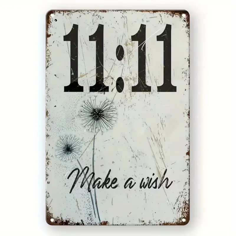 Vintage "11:11 Make a Wish" Dandelion Flat Rustic Decorative Faux Tin Sign - Hanging Farmhouse Sign, Shabby Chic Plaque, Aesthetic Room Accent, Home Decor Products