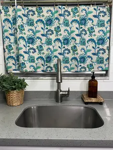 Floral Rod Pocket Valance; Timeless Farmhouse Half Curtain; over the sink curtain; Green Blue Floral 21x42 Cafe Curtain Panel 100% Breathable Cotton Handmade for Kitchen Bathroom Breakfast Nook