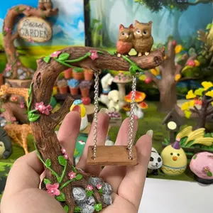 1 Vintage Owl Swing Tree Stump Decor - Whimsical Resin Garden Ornament with Pink Flowers & Green Leaves, Ideal for Patio, Succulent Planters & Fairy Tale Themed Outdoor Spaces, Garden Decorations