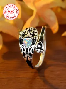 S925 Pure Silver Heart Imitated Opal Pattern Adjustable Ring, Unisex Vintage Blackened Style Finger Ring with Box