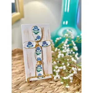 Medium Blue and Green Floral Block Print Cross great gift