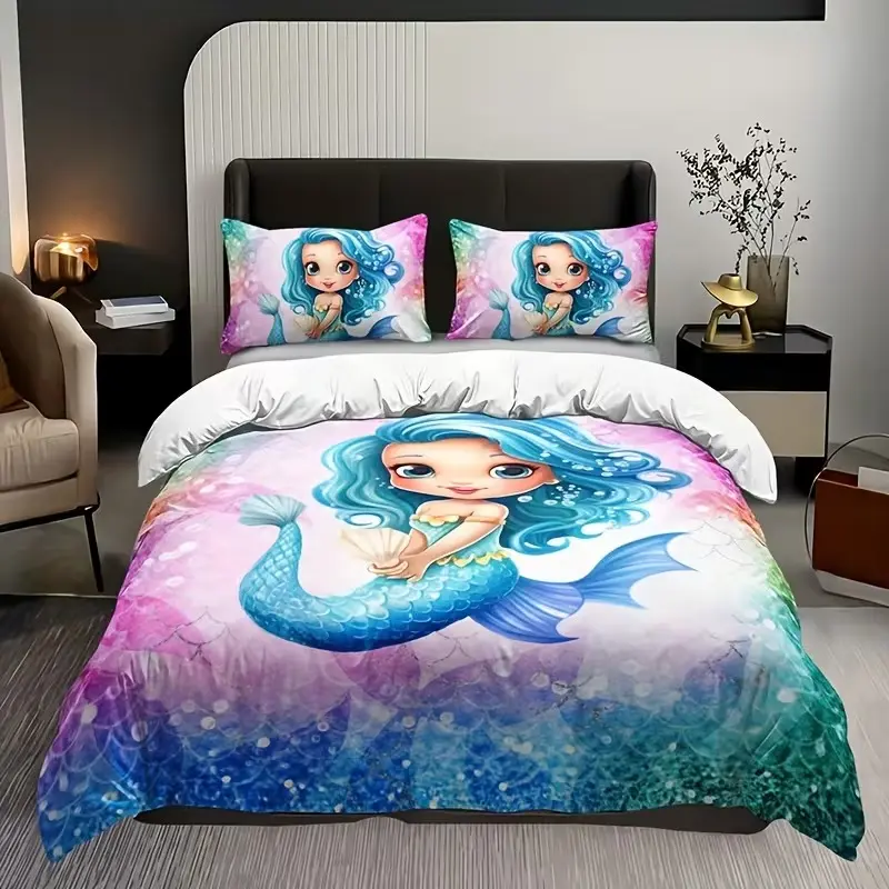 3-Piece Bedding Set (1 Fitted Sheet + 2 Pillowcases), Theme Bedding Set, Mermaid Cartoon Print, All-Room Use, Zipper Closure, Bedroom Decor, Decorative Bedsheet Sets