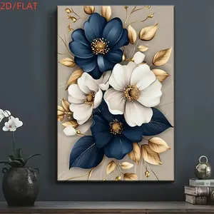 Elegant 2D Flat White & Navy Blue Bouquet Canvas Print with Gold Leaf Modern Wall Art for Living Room Dining Office Bedroom Decor Gift Hanging Kit UV Resistant Ink Premium Canvas