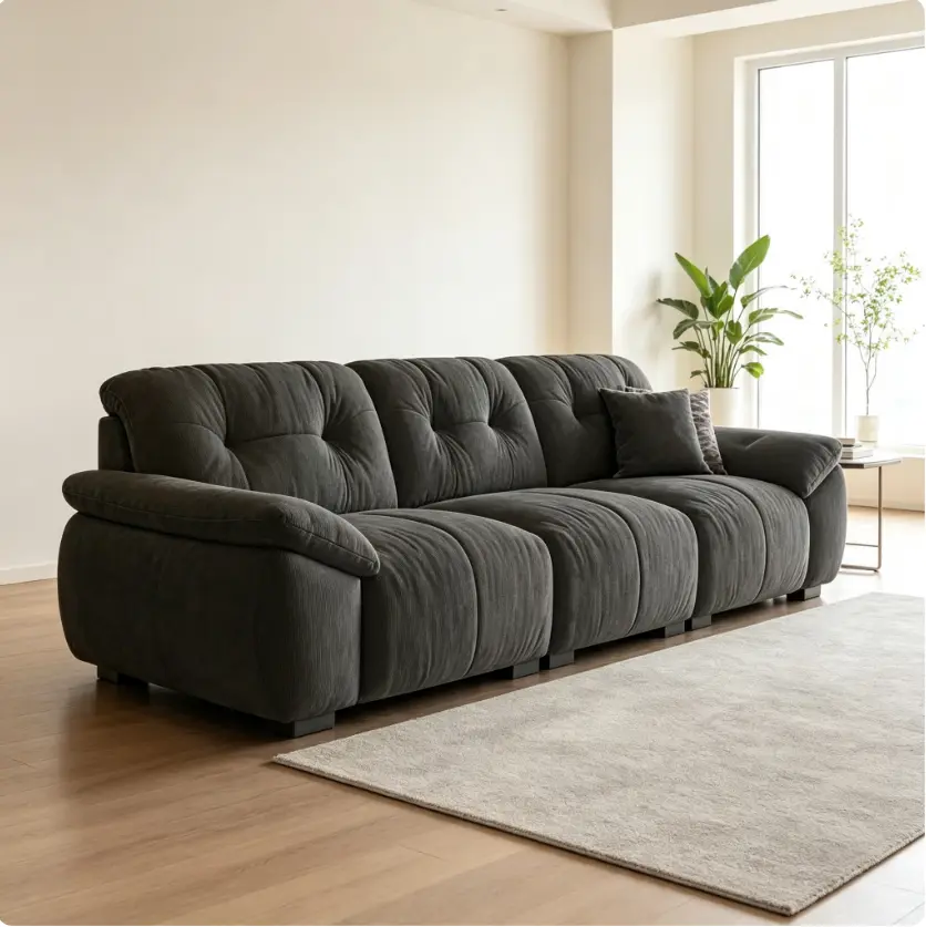 Dark grey corduroy modular sofa with tufted back cushions. Oversized deep seats and plush armrests deliver sink-in comfort. Soft textured fabric, blocky modern silhouette, ideal for creating a warm casual lounge area in your living room.