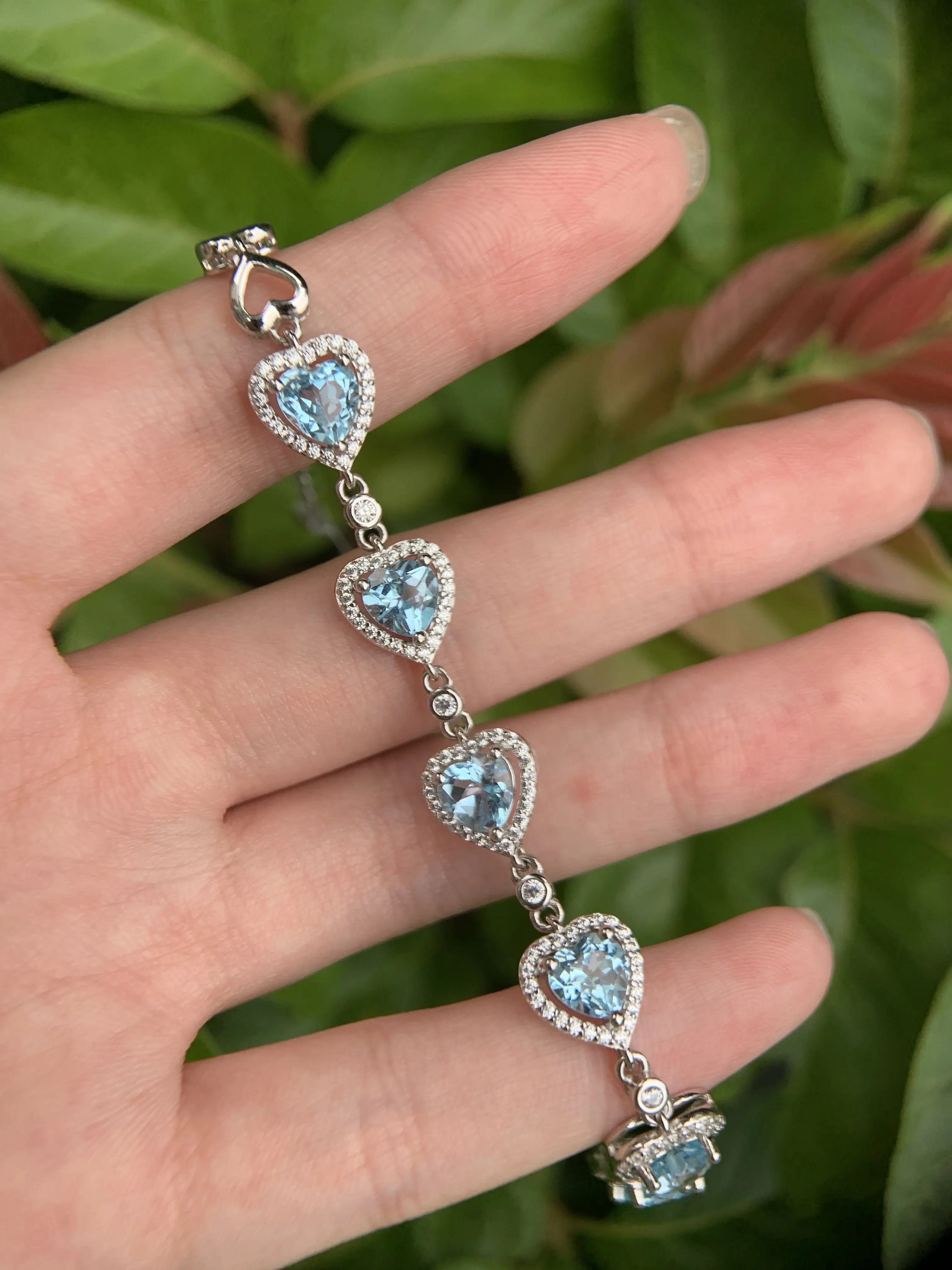 Heart Swiss Blue Topaz Halo Link Bracelet for Women