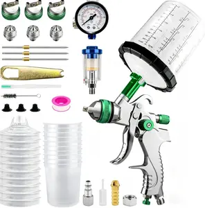 HVLP Spray Gun Kit with 1.4/1.7/2.0mm Nozzles, 600ML Disposable Paint Cups & Air Regulator, Pneumatic Gravity Feed Paint Sprayer Tool for Automotive, Furniture & DIY Projects, Green