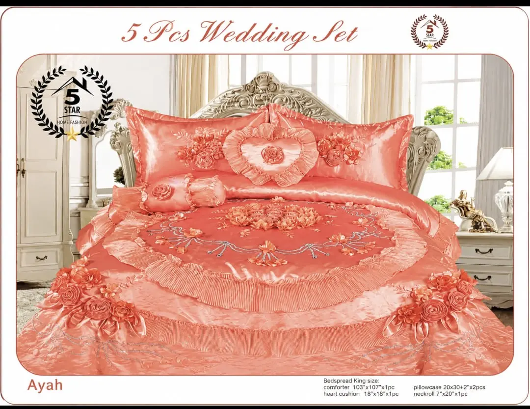Ayah 5-Piece Wedding Comforter Set – Luxury Coral Floral King Size Bedding Set