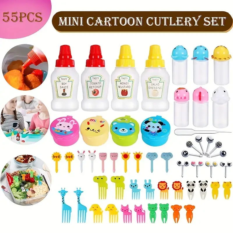 55pcs Mini Plastic Fruit Fork Cute Food Fork For Cake Dessert Fruit Platter Reusable Mini Toothpick Condiment Squeeze Bottle Mini Ketchup Bottle Lunch
