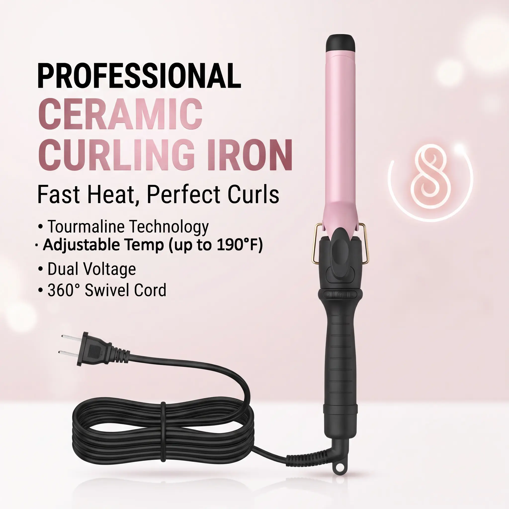 1-Inch Dual Ceramic Barrel Plug-In Curling Iron (Purple) – Temperature Control, Built-In Burn Protection, Cool-Touch Tips for Medium-Long Hair