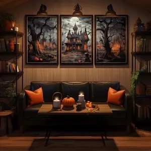 Unframed, Room Decor, Halloween Set of 3 Prints, Haunted Mansion 3 Piece Vintage Wall Art, Halloween Printing, Split Print  –  5 Sizes (8x12–27x40 inch)