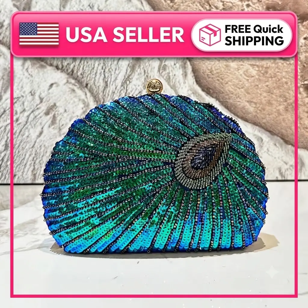 Share Beaded Peacock Clutch Handbag Shoulder Bag Sequin Embroidered Evening Purse