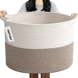 65L Large Woven Cotton Rope Blanket Basket with Handles, Laundry Hamper Storage Bin for Pillows, Clothes, Bedroom and Living Room Organization, White & Brown