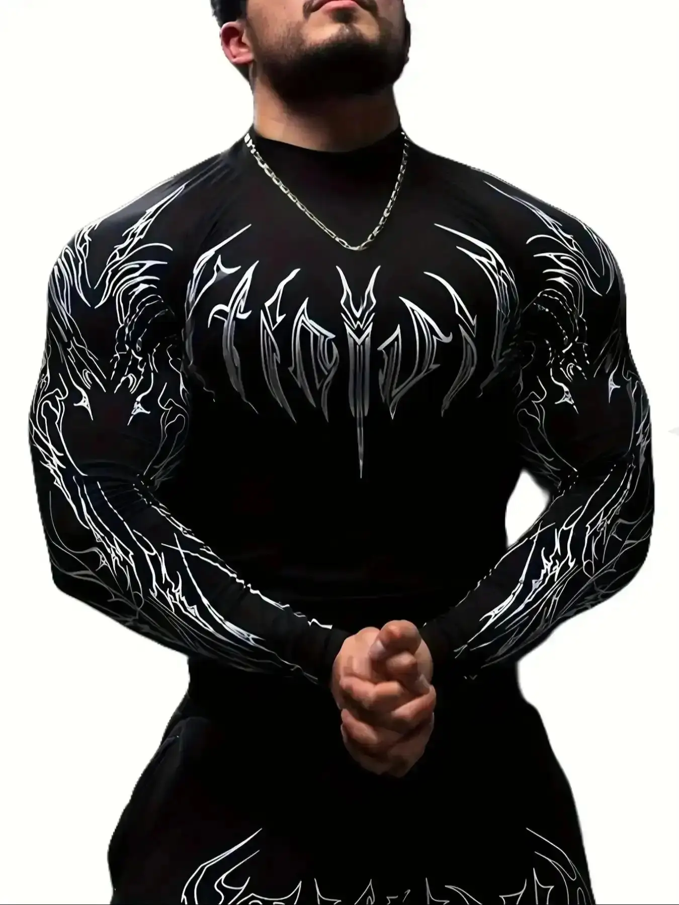 2026 Men'S Gym Wear Compression Long Sleeve Shirt - High Neck Muscle Fitness Tee with Geometric Print, Contrast Design, Stretchy & Slim Fit for Gym, Running, Sports Apparel, Athletic Shirts| Shirt, daily men wear
