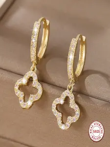 S925 Sterling Silver Four-Leaf Clover Dangle Earrings; Women's Full Zircon Circle Earrings, Zirconia Hoop Earrings; Luxury Wedding and Party Jewelry High Quality Earrings