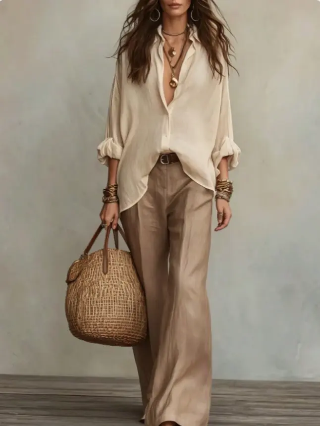 Soft Lightweight White Linen Blouse Sand Brown Wide Leg Pants Two Piece Casual Set